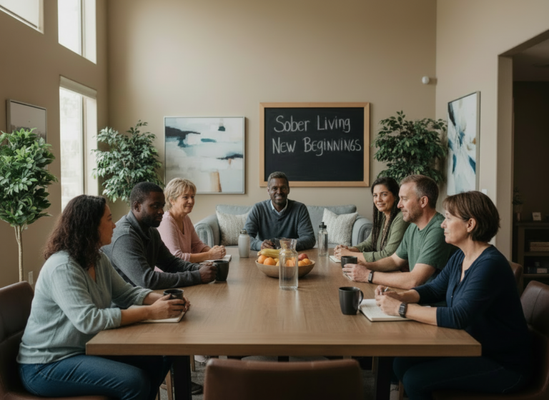 Rozaye's Sober Living group meeting at dining room table